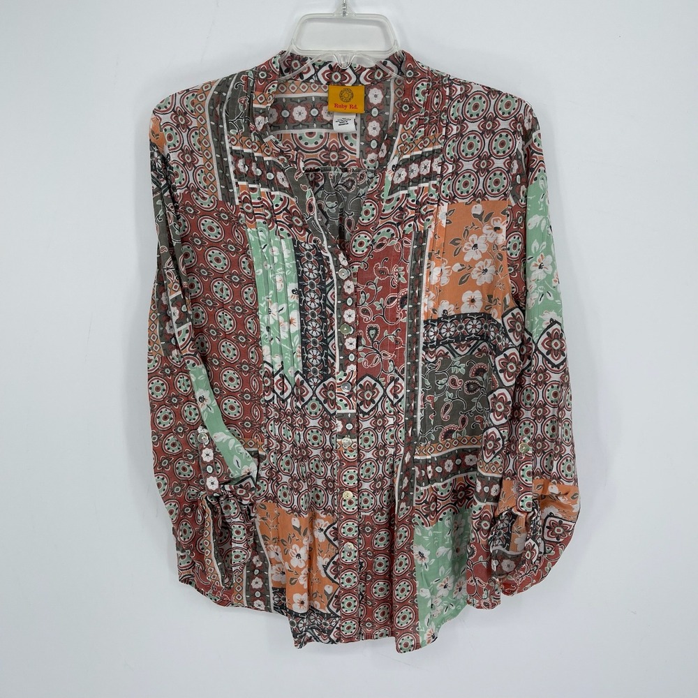 Ruby Rd Women's Multicolor Patchwork Roll Tab Sleeve Button Front Blouse Size M